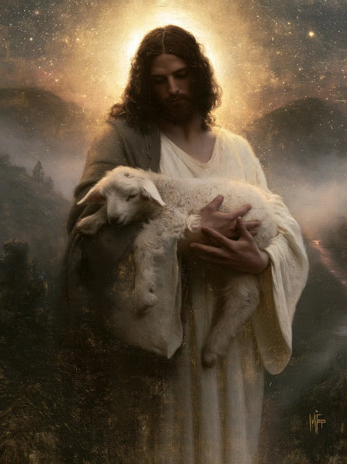 Jesus and the lamb in a symbolist composition in Symbolist style, portrait Christian artwork no. 15