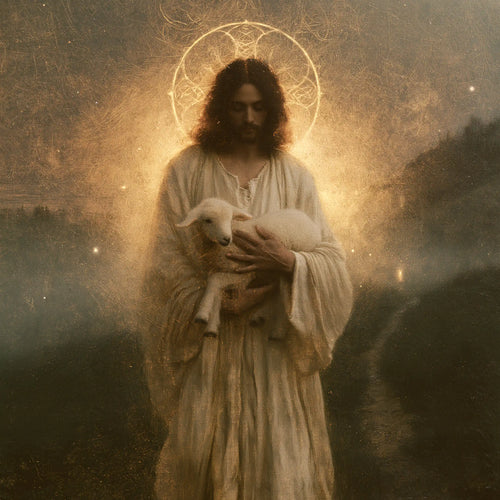 Jesus and the lamb in a symbolist composition in Symbolist style, square Christian artwork no. 2