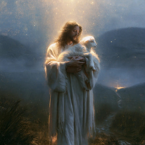 Jesus and the lamb in a symbolist composition in Symbolist style, square Christian artwork no. 3