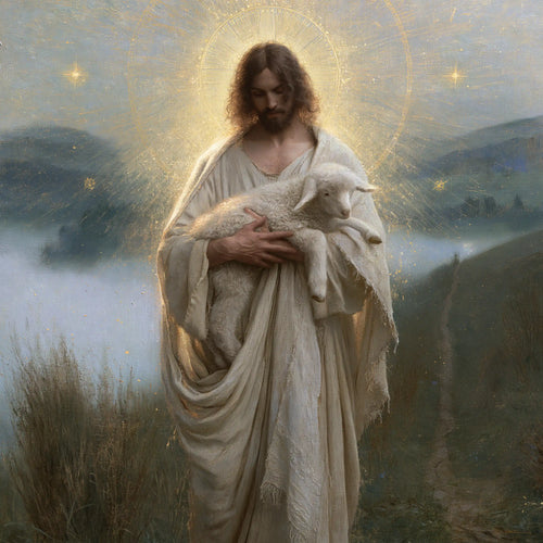 Jesus and the lamb in a symbolist composition in Symbolist style, square Christian artwork no. 6
