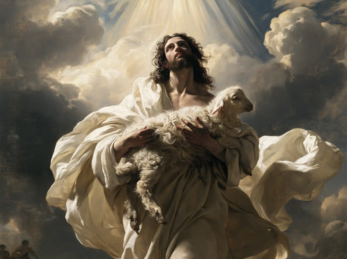 Jesus protecting a lamb in a theatrical Baroque scene in Theatrical Baroque style, landscape Christian artwork no. 1