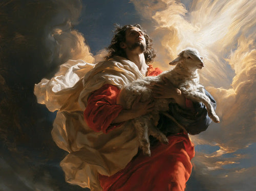 Jesus protecting a lamb in a theatrical Baroque scene in Theatrical Baroque style, landscape Christian artwork no. 2