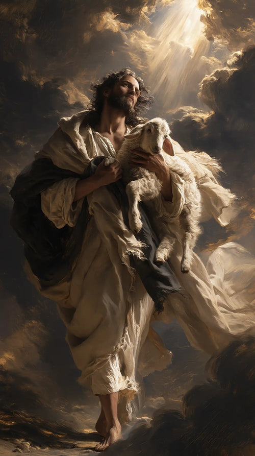 Jesus protecting a lamb in a theatrical Baroque scene in Theatrical Baroque style, portrait Christian artwork no. 2
