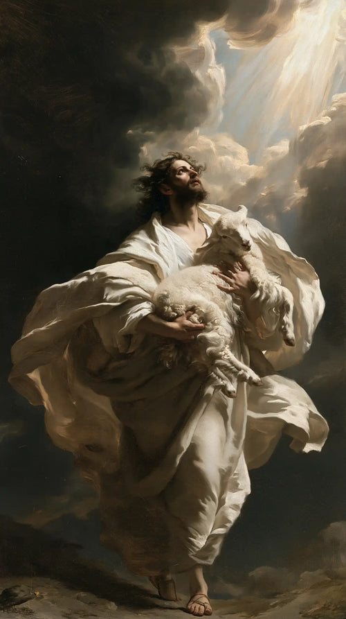 Jesus protecting a lamb in a theatrical Baroque scene in Theatrical Baroque style, portrait Christian artwork no. 4