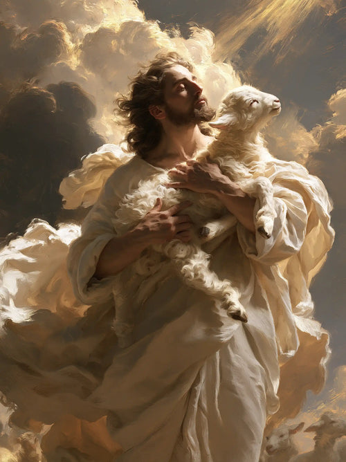 Jesus protecting a lamb in a theatrical Baroque scene in Theatrical Baroque style, portrait Christian artwork no. 12