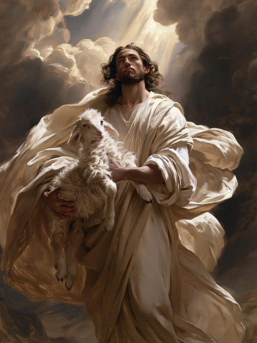 Jesus protecting a lamb in a theatrical Baroque scene in Theatrical Baroque style, portrait Christian artwork no. 13
