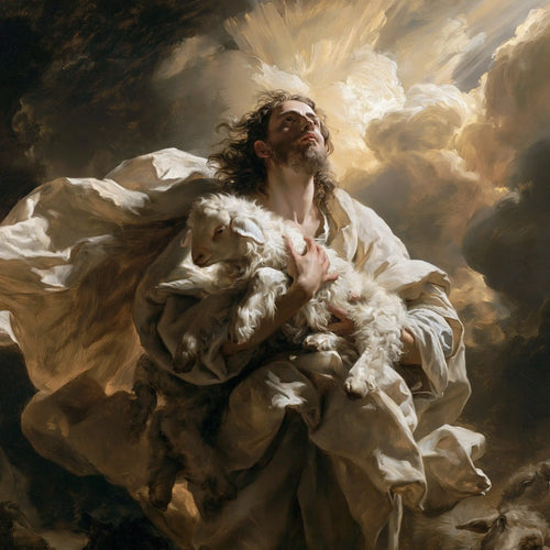 Jesus protecting a lamb in a theatrical Baroque scene in Theatrical Baroque style, square Christian artwork no. 3