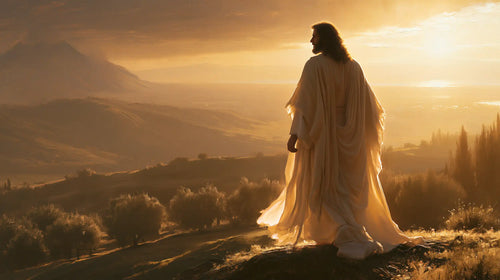 Jesus walking along a hillside at sunset in Sacred Silence style, landscape Christian artwork no. 5