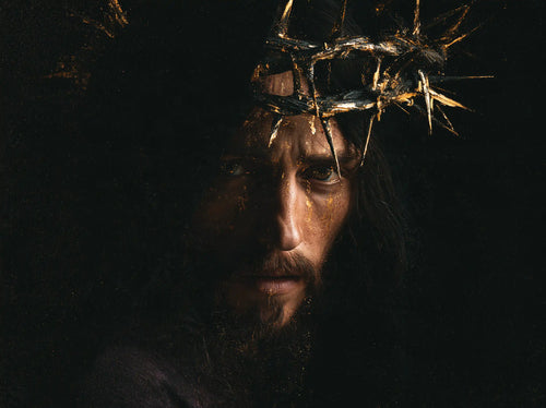 Jesus crowned with thorns in black and gold in Black and Gold style, landscape Christian artwork no. 6