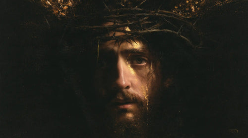 Jesus crowned with thorns in black and gold in Black and Gold style, landscape Christian artwork no. 14