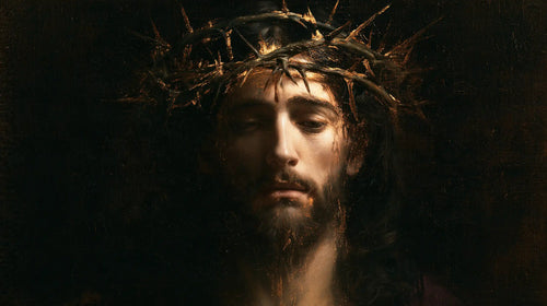 Jesus crowned with thorns in black and gold in Black and Gold style, landscape Christian artwork no. 16