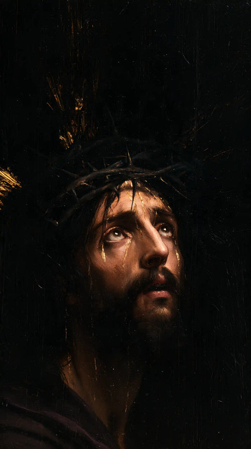 Jesus crowned with thorns in black and gold in Black and Gold style, portrait Christian artwork no. 8