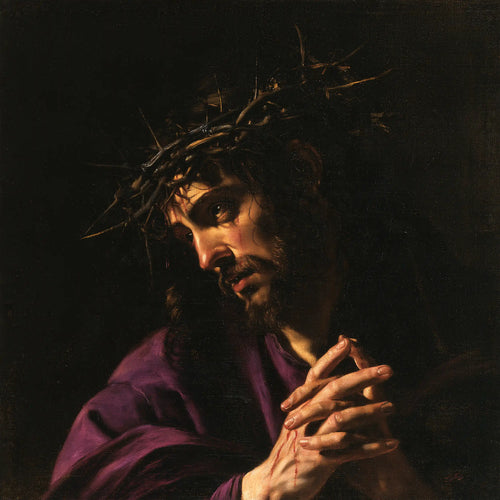 Jesus crowned with thorns in dramatic chiaroscuro in Caravaggio Tenebrism style, square Christian artwork no. 6