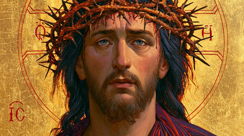 Jesus crowned with thorns in a contemporary Byzantine icon in Contemporary Byzantine style, landscape Christian artwork no. 10