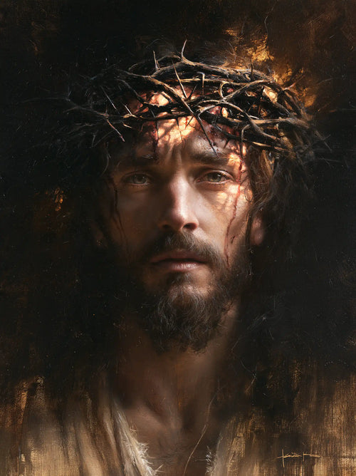 Jesus crowned with thorns as divine light in suffering in Jesus as Divine Light in Suffering style, portrait Christian artwork no. 11
