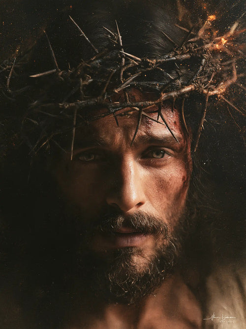 Jesus crowned with thorns as divine light in suffering in Jesus as Divine Light in Suffering style, portrait Christian artwork no. 14