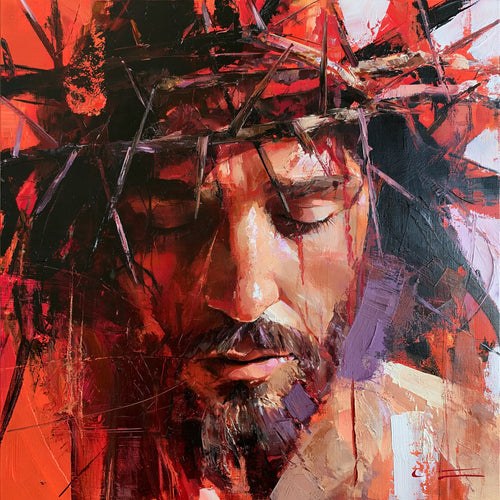 Jesus crowned with thorns in an expressionist composition in Expressionist style, square Christian artwork no. 7