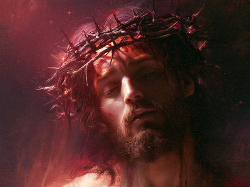 Jesus crowned with thorns with hidden glory in suffering in Hidden Glory in Suffering style, landscape Christian artwork no. 1