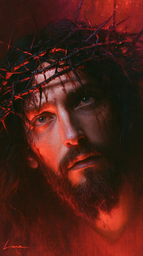 Jesus crowned with thorns with hidden glory in suffering in Hidden Glory in Suffering style, portrait Christian artwork no. 7