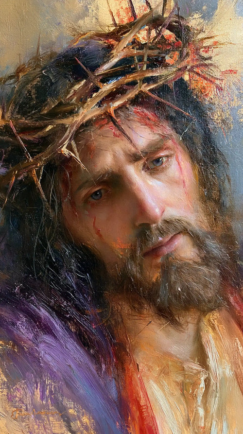Jesus crowned with thorns in an impressionist atmosphere in Impressionist style, portrait Christian artwork no. 3