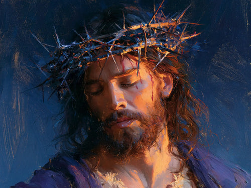 Jesus crowned with thorns in midnight blue chiaroscuro in Midnight Blue Chiaroscuro style, landscape Christian artwork no. 1