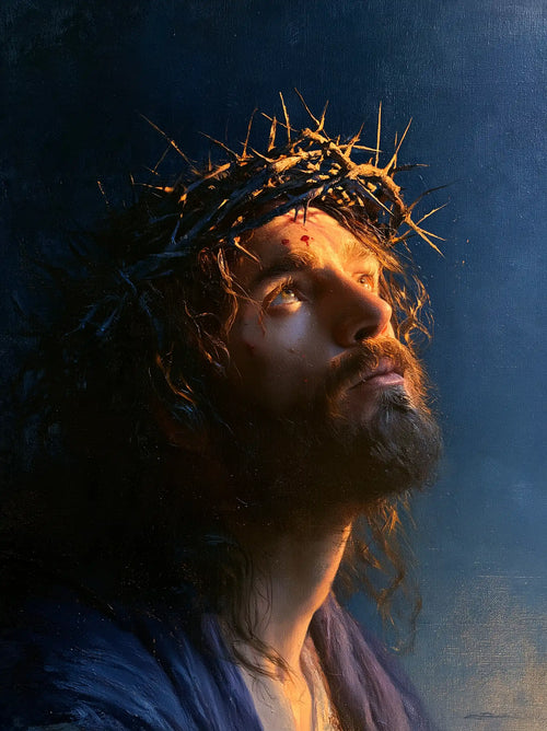 Jesus crowned with thorns in midnight blue chiaroscuro in Midnight Blue Chiaroscuro style, portrait Christian artwork no. 11