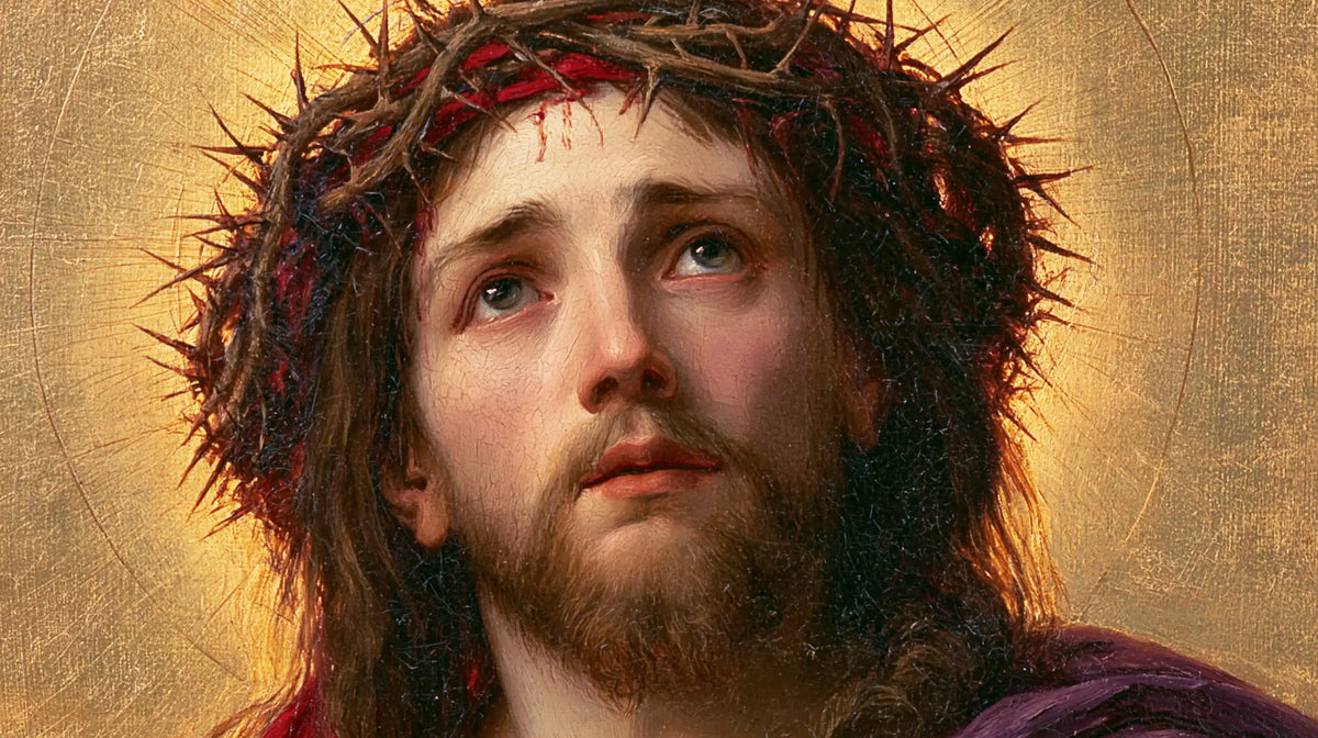 Jesus Crowned with Thorns — Moist Eyes above Purple