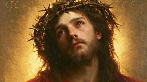 Jesus crowned with thorns in red, violet and gold in Crown of Thorns in Red, Violet and Gold style, landscape Christian artwork no. 14