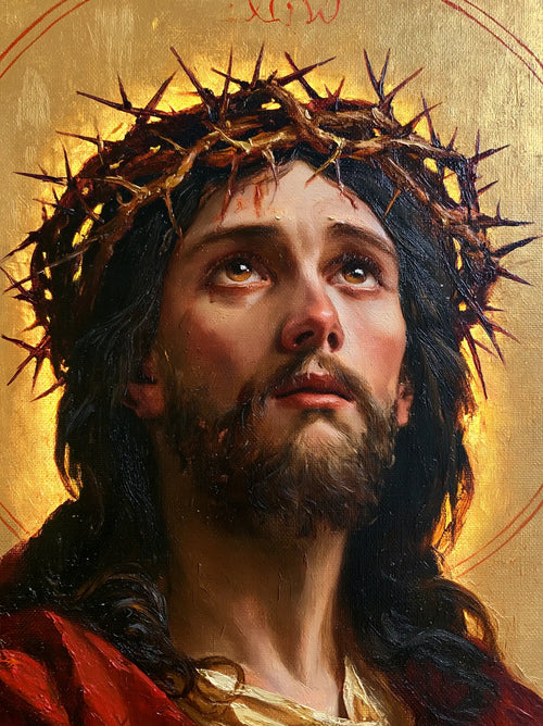 Jesus crowned with thorns in red, violet and gold in Crown of Thorns in Red, Violet and Gold style, portrait Christian artwork no. 6