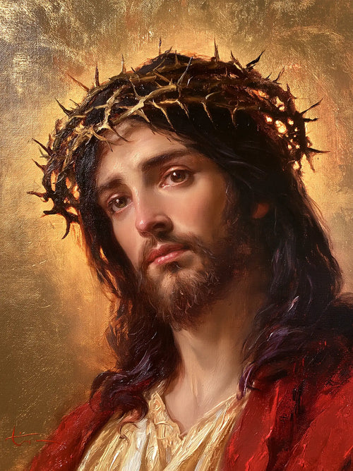 Jesus crowned with thorns in red, violet and gold in Crown of Thorns in Red, Violet and Gold style, portrait Christian artwork no. 11