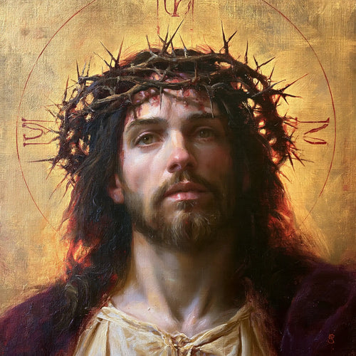 Jesus crowned with thorns in red, violet and gold in Crown of Thorns in Red, Violet and Gold style, square Christian artwork no. 5