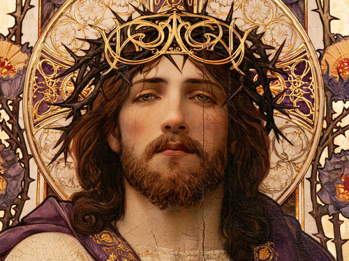 Jesus crowned with thorns framed by sacred Art Nouveau ornament in Sacred Art Nouveau style, landscape Christian artwork no. 2