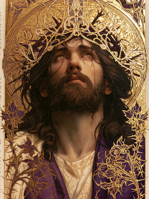 Jesus crowned with thorns framed by sacred Art Nouveau ornament in Sacred Art Nouveau style, portrait Christian artwork no. 13