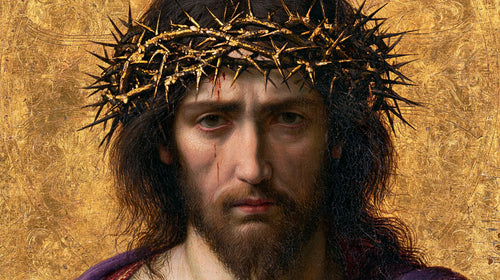 Jesus crowned with thorns in radiant sacred gold in Sacred Gold style, landscape Christian artwork no. 1