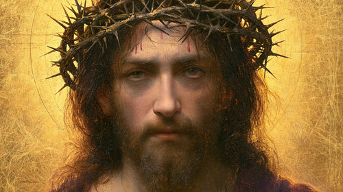 Jesus crowned with thorns in radiant sacred gold in Sacred Gold style, landscape Christian artwork no. 3