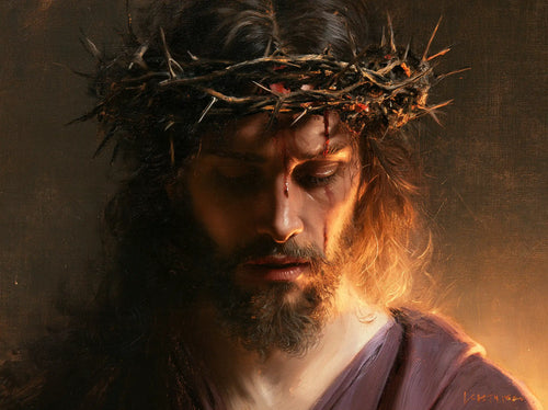 Jesus crowned with thorns in sacred sorrow in Sacred Sorrow style, landscape Christian artwork no. 3