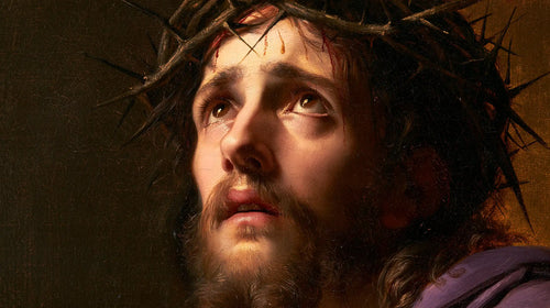 Jesus crowned with thorns in sacred sorrow in Sacred Sorrow style, landscape Christian artwork no. 12