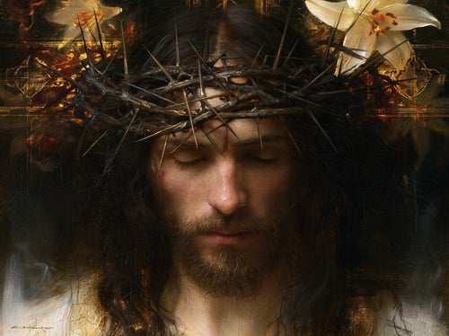 Jesus crowned with thorns in a symbolist composition in Symbolist style, landscape Christian artwork no. 8