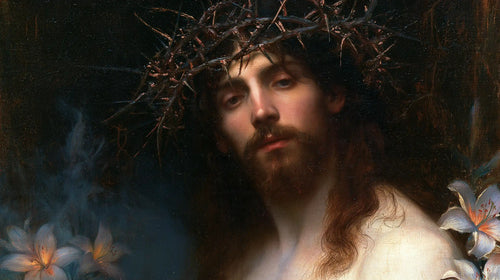 Jesus crowned with thorns in a symbolist composition in Symbolist style, landscape Christian artwork no. 11