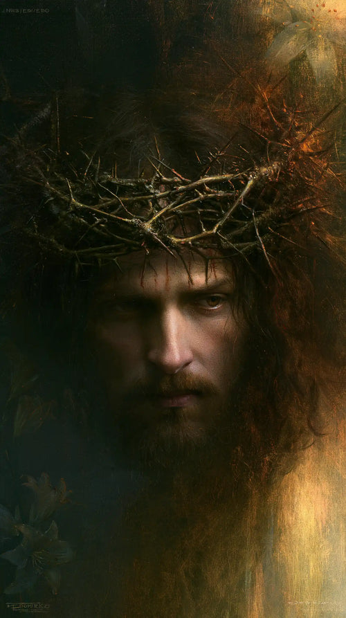 Jesus crowned with thorns in a symbolist composition in Symbolist style, portrait Christian artwork no. 2