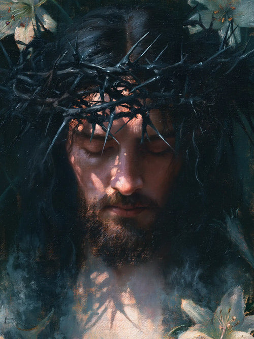 Jesus crowned with thorns in a symbolist composition in Symbolist style, portrait Christian artwork no. 12
