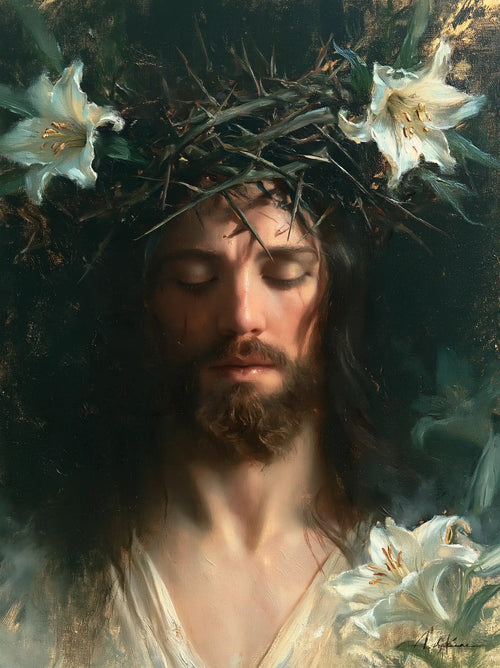 Jesus crowned with thorns in a symbolist composition in Symbolist style, portrait Christian artwork no. 14