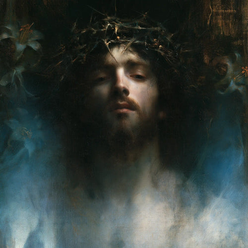 Jesus crowned with thorns in a symbolist composition in Symbolist style, square Christian artwork no. 2