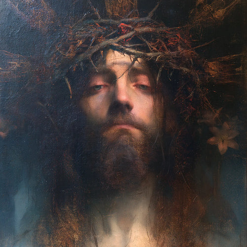 Jesus crowned with thorns in a symbolist composition in Symbolist style, square Christian artwork no. 7