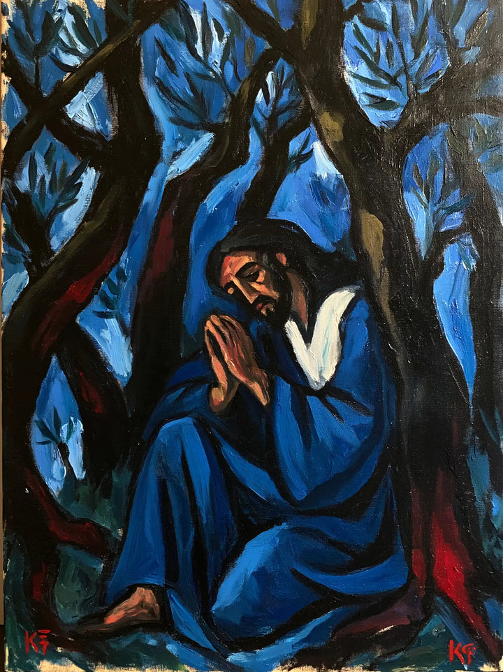 Jesus in Gethsemane — Cobalt beneath Great Black Trees