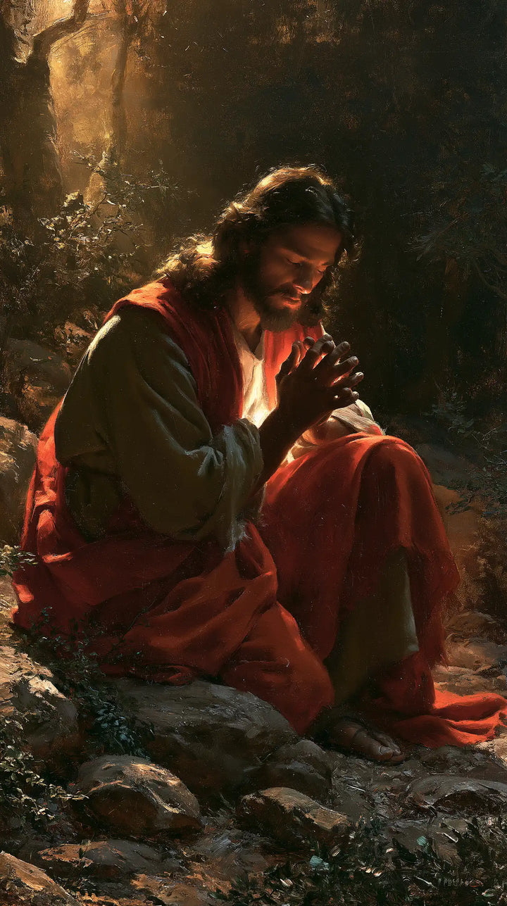 Jesus in Gethsemane — Reverence in Crimson Folds
