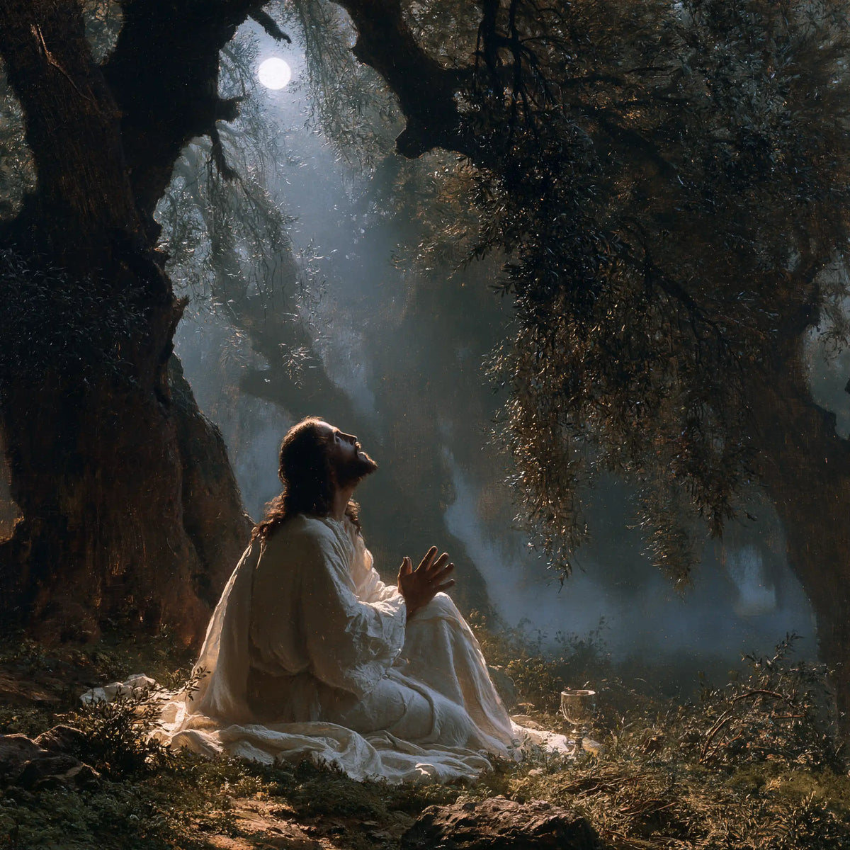 Jesus in Gethsemane — Palms in the Silence of Mist