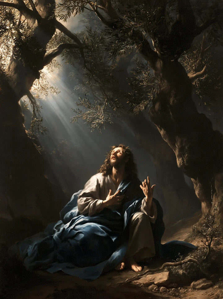 Jesus in Gethsemane — The Blue Cloak beneath Slanting Rays