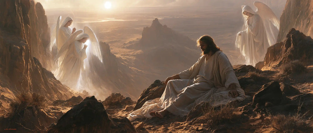 angels ministering to Jesus after the temptation in Angels After the Temptation style, landscape Christian artwork no. 1