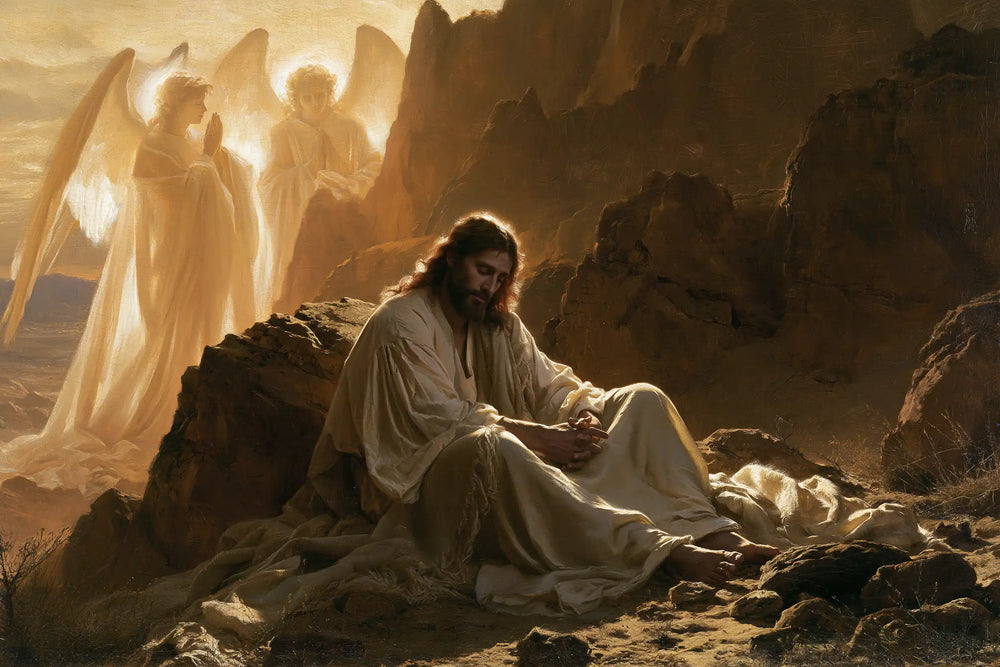 angels ministering to Jesus after the temptation in Angels After the Temptation style, landscape Christian artwork no. 14